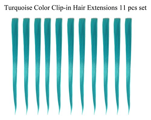 Beaute Galleria Bundle 11 Pieces Single Color 21 Inches Straight Party Highlights Clip In Synthetic Hair Extensions Cosplay Comic Con Halloween Costume (Turquoise)