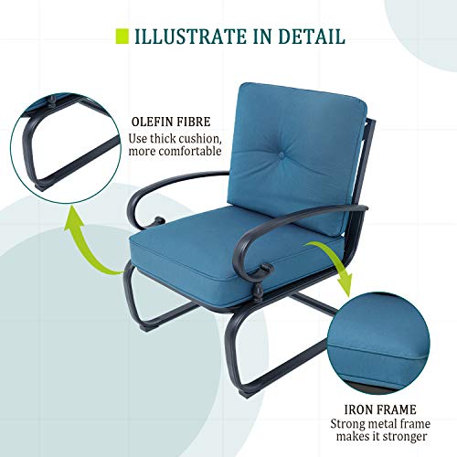 Oakmont Outdoor Patio Furniture Conversation Set Glider Loveseat, 2 Chairs with Coffee Table Spring Metal Lounge Chair Sets Wrought Iron Frame, Peacock Blue