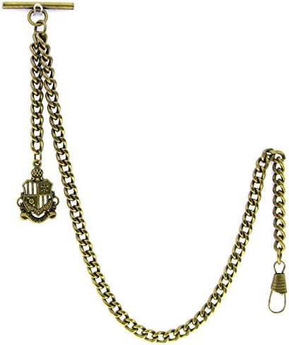 Albert Chain Pocket Watch Curb Link Chain Antique Brass Plating Shield Fob T Bar AC10