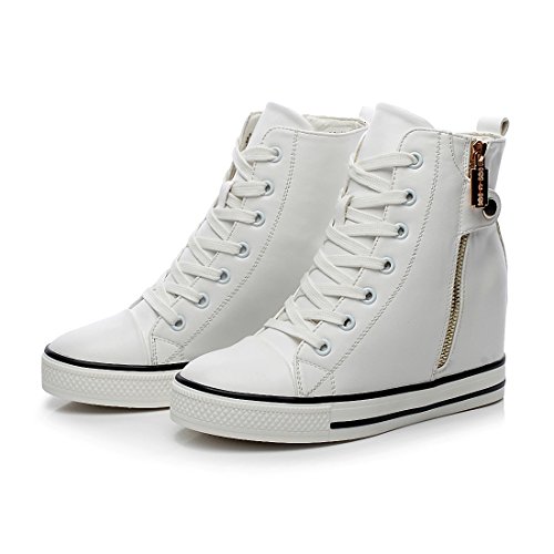 mewow Womens Casual High Top Wedge Hidden Heel Leather Shoes Fashion Sport Sneaker (7.5, White) - Thumbnail 2