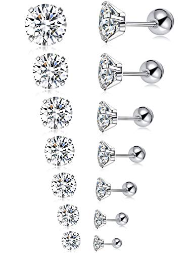 Tornito 7 Pairs 20G Stainless Steel Stud Earrings Round Cubic Zirconia Earring Set For Men Women 2MM-8MM (C1:7 Pairs, Silver Tone, Screw Ball)