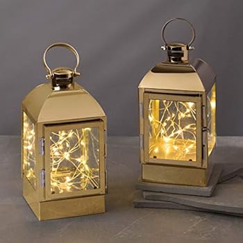 gold table lantern included warm battery led inch lights decor batteries timer operated fairy hour decorative inside metal