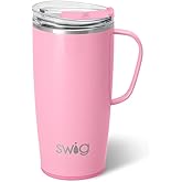 Swig Life 22oz Travel Mug, Insulated Tumbler with Handle and Lid, Travel Coffee Mug, Cup Holder Friendly, Stainless Steel 22 oz Tumbler, Reusable Insulated with Lid (Shimmer Bubblegum)
