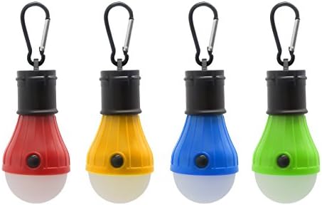 Mosion 4pc Hanging Lantern Camping Light Bulb Pack, Portable Battery-Operated Outdoor Tent Lamps with Carabiner Clip Hangers, High, Low &amp; Flash Settings (Red, Green, Blue &amp; Yellow)