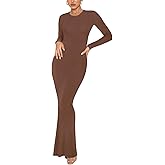 REORIA Women's Sexy Crew Neck Lounge Long Dress Elegant Long Sleeve Ribbed Bodycon Maxi Dresses