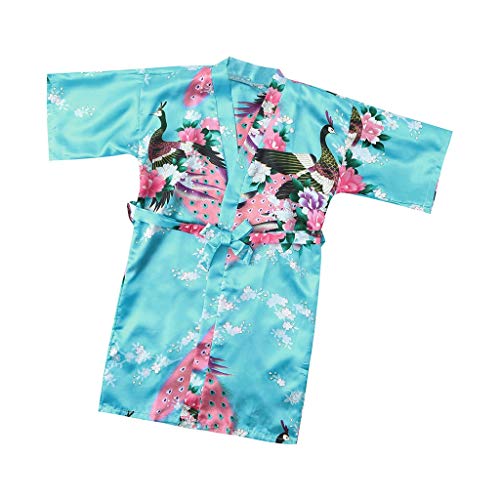 Girls Satin Bathrobe Size 4-12,SMALLEâ—•â€¿â—• Girls Ancient Art Print Silk Satin Long Bathrobe Kimono(9 Color) Sky Blue