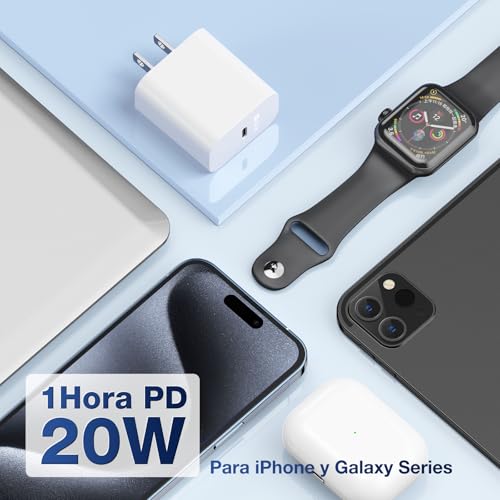 1 Hora PD 20W GAN Cargador Tipo C - 2 Pack Cargador Carga Rápida con 1M 3A Cable USB C a C - Compatible con iP17/17P/iP16/16P/15/15P, Samsung Galaxy A55/S23/Note10/S20 Ultra/S10/S9/S8