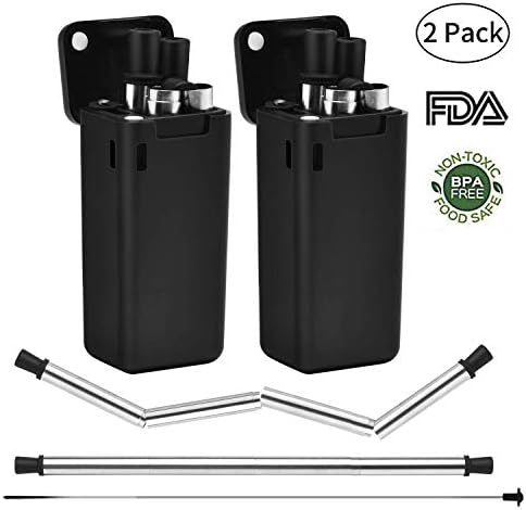 Reusable Metal Straws 2 Pack- Obixio Telescopic Reusable Drinking Straws Stainless Steel, Food-Grade Portable Straw with Case and Cleaning Brush for Outdoor, Party or Household (Black&Black)