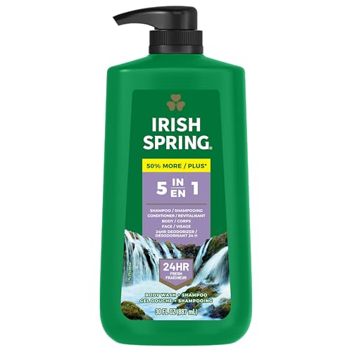 IRISH SPRING 5 IN 1 MOISTURIZING BODY WASH FOR MEN, SHAMPOO, CONDITIONER, BODY AND FACE WASH, AND 24 HOUR DEODORIZER, PARABEN-FREE, FRESH EUCALYPTUS & BERGAMOT SCENT, 30 FL OZ – PACKAGING MAY VARY