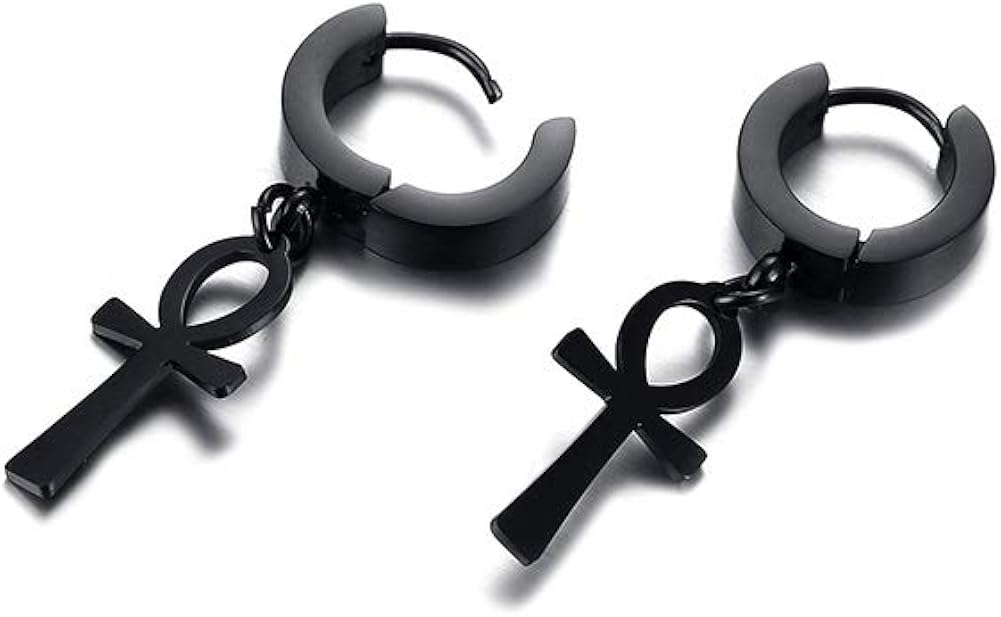 VNOX Stainless Steel Egyptian Key of Life Ankh Cross Dangles Non-Piercing Clip on Drops Hoops Earrings for Men Women - Image 4