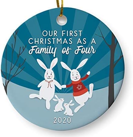 Our First Christmas as a Family of Four 2022 Christmas Tree Ornament, Bunny Rabbit Woodland Winter Holiday Keepsake Gift for Parents, 3" Flat Ceramic Ornament with Gift Box