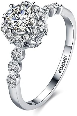 Pmany Cubic Zirconia Diamond Wedding Halo Solitaire Ring Platinum White Plated Ring for Women Four Prongs (Size 7)