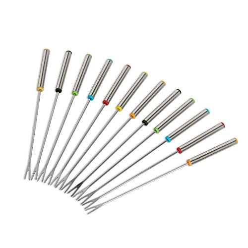 Set of 12 Stainless Steel Fondue Forks 9.5" with Heat Resistant Handle,FLYPARTY Color Coding Forks Perfect For Cheese Chocolate Fountain Roast Marshmallows Meat