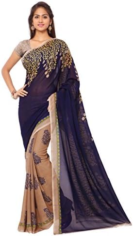 Triveni Women's Indian Beige Printed Georgette Half n Half Saree Sari with Unstitched Blouse Piece