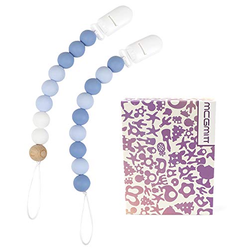 MCGMITT Pacifier Clip Boys, Silicone Binky Teether Holder BPA Free Teething Beads for Baby, 2 Pack Shower Gift Set (Blue)