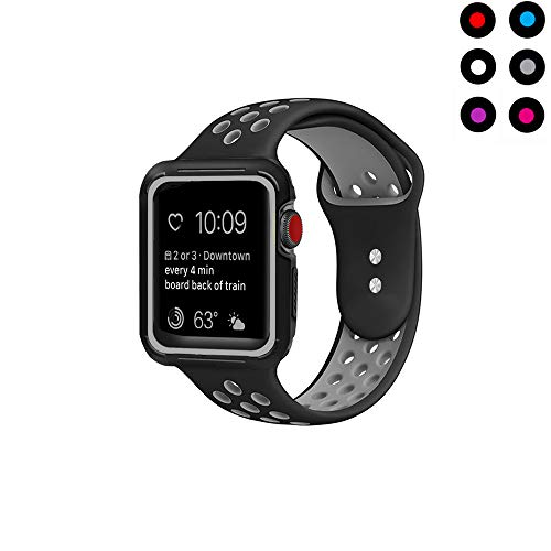 Compatible with Apple Watch Band with Case 38mm 40mm GEJIN Soft Silicone Sport iWatch Band with Shock-Proof Protective Case for Series 3/2/1 (38mm) Series 4 (40mm) (Black/Grey, 38mm/40mm S/M)