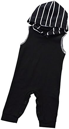 Newborn Baby Boys Girls Sleeveless Hoddie Stripe Hat One Piece Romper Bodysuit Black (0-6M)