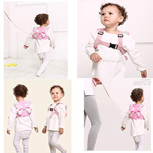 Wenosda 2 Pack Anti Lost Harness Rein Belt Strap & Anti-Lost Wrist Link Safety Band with 360°Rotation Leash Assistant for Toddler/Kids/Babies/Children(Wings Butterfly for Walking + 4.9ft Pink Rope)