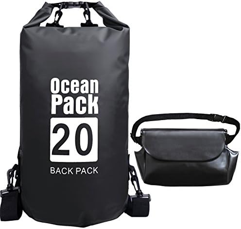 20L Waterproof Dry Bag Set, iDudu Roll Top Dry Gear Bag Sack with Waterproof Waist Pouch for Kayaking / Boating / Canoeing / Fishing / Rafting / Swimming / Camping / Snowboarding (Black, 20L)