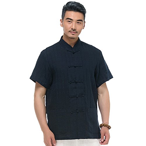 FangNer Men's Short Sleeve Flax Tang Suit Cotton Stand Collar Shirt