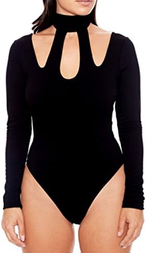 JYAOVO Women Long Sleeve Leotard Tight Thong Bodysuit Hollow Out Bodycon Playsuit Jumpersuit Top size XL Black