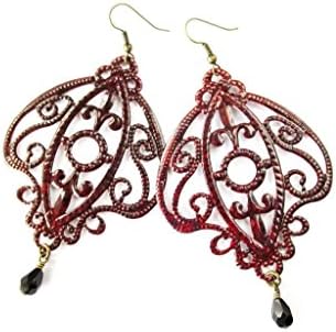 Large Lightweight Dramatic Gothic Metal Deep Red Painted Filigree and Glass Chandelier Earrings
