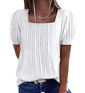 ZXZY Puff Sleeve Tops for Women Linen Boho Lace Pattern Dressy Square Neck Top Shirts