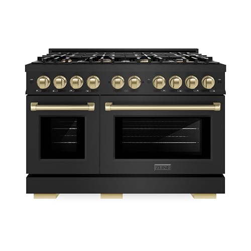 ZLINE Autograph Edition 48 in. 6.7 cu. ft. Select Double Oven Gas Range with 8 Burner Cooktop in Black Stainless Steel and Champagne Bronze Accents (HGRBZ-48-CB)