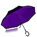 Double Layer Wind UV Proof Reverse Folding Inverted Travel Umbrella with C Shape Handle and Carrying Bag-Purple