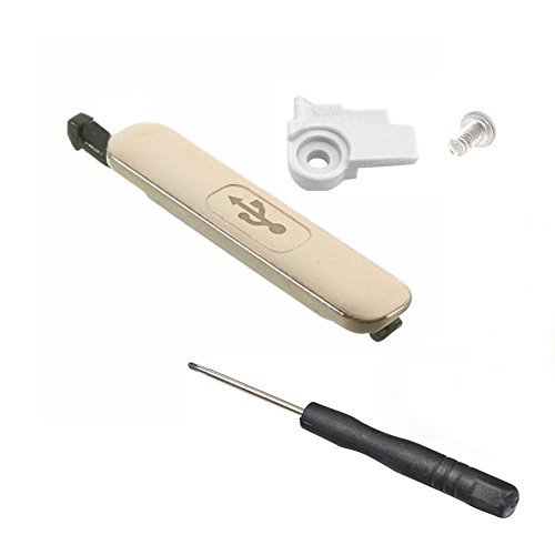 Ewparts 5 in 1 Replacement Accessories for Samsung Galaxy S5 Gold USB Charger Port Cover Flap + Plastic Holder + Screw + Screwdriver + Cleaning Cloth, Works with Galaxy S5 Sv I9600 G900 G900a G900v G900t G900p G900f G900h G900i