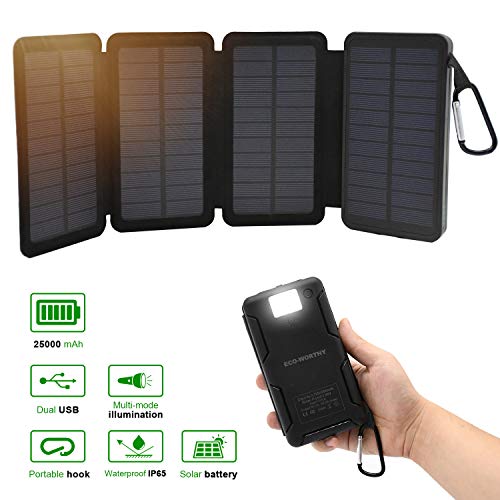 Solar Panel Charger 25000mAh Waterproof Outdoor Portable Power Bank with 4 Solar Panels and Dual Output USB for Mobile Phone, Tablet, MP3/4, iPad, etc (Outdoor Camping)