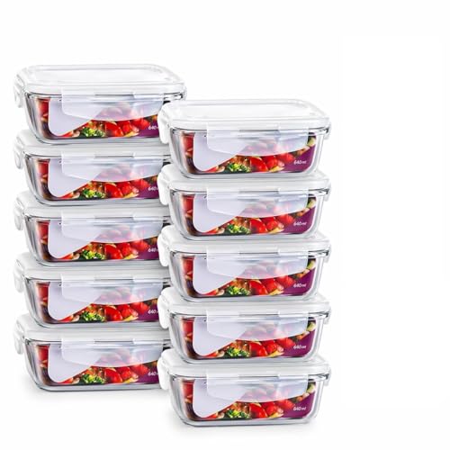 Kit 10 Potes de Vidro Hermético 640ml com Travas – Borossilicato Resistente, Tampa com Vedação em Silicone, BPA Free, Vai ao Microondas, Forno, Freezer e Lava-louças – Marmitas Saudáveis