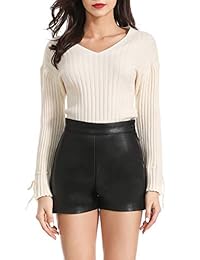 Everbellus Pantalones cortos de pierna ancha casuales para dama Pantalones cortos de cuero sintético de cintura alta