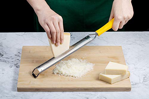HAOZAN Lemon Zester Grater - Cheese, Citrus, Lime, Fruits, Nutmeg, Chocolate, Parmesan, Soft Grip Handle, Stainless Steel Fine Blades with Protector, Hand-held Kitchen Tool, Dishwasher Safe (Yellow)