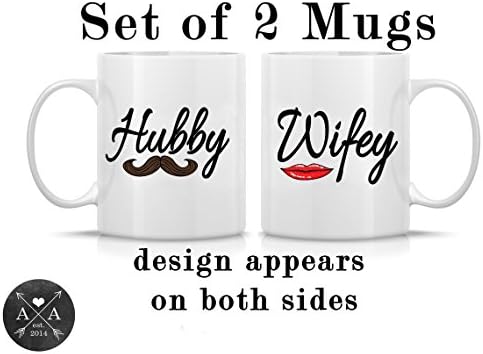 Set of 2 "Hubby" and "Wifey" Romantic Typography Watercolor Art Print Coffee Mug 11oz, 15oz Dishwasher-Safe, Microwave-Safe