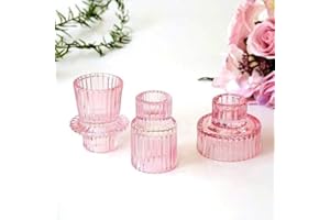 Ni-JASW Pink Ribbed Glass Taper Candle Holders, Candlestick Tea Votive Candle Holders for Table Centerpiece Wedding Decor, Set of 3
