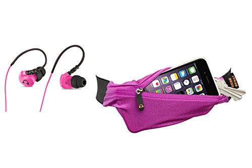 Sports, Running and Fitness Expandable Weather Resistant Waist Pack Running Belt and Water Resistant (IPX5) Noise Reducing Stereo In-Ear Headphone Bundle.