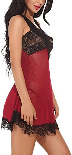 DoDoLove Sexy Lingerie for Women Floral Lace Pajamas Nightgown Set Ladies Mini Satin Babydoll Dress(Wine Red), Large