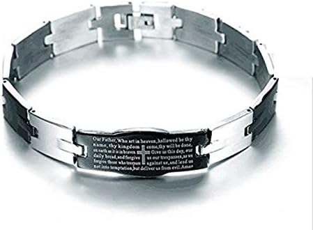 Keybella Men's Vintage Stainless Steel Black Silver Cross Silver English Bible Lords Prayer Religious Link Wrist Bracelet