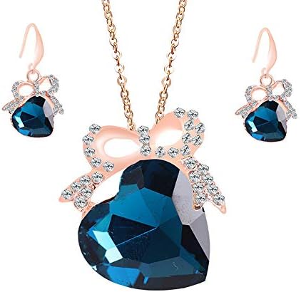 WuWxiuzhzhuo Sale Women Girl 3Pcs/Set Heart Shape Faux Gemstone Rhinestone Pendant Necklace Hook Earring Lake Blue