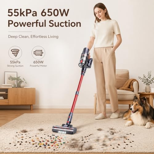 INTETURE Cordless Vacuum Cleaner 650W/55Kpa,70 Mins Cordless Vacuum, Self-Standing Upright Stick Vacuum Cleaner with Wall Mount Charging, Touch Screen, Vacuums for Carpet Hard Floor Pet Hair, Standard