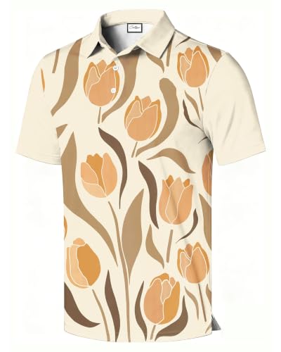 COOLLYME Men's Tulip Floral Print Short Sleeve Polo Shirt at Amazon