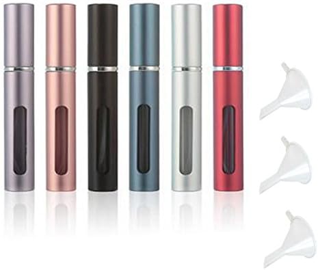 Glitterymall 6 Pack 6mL Portable Mini Refillable Perfume Scent Aftershave Atomizer Empty Spray Bottle Sprayers with 3 Funnel Filler for Travel Purse (5 mL 6 Colors Mix)