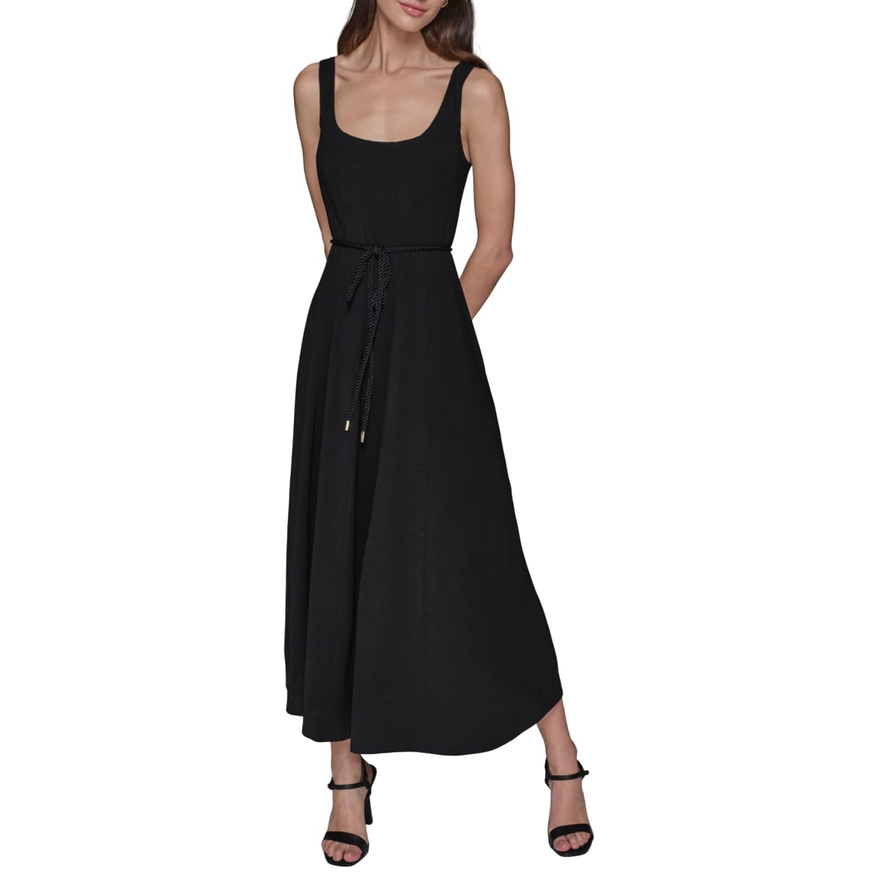 Karl Lagerfeld Paris Women’s Sleeveless Scoop Neck Rope Belt A-Line Maxi Dress, Black