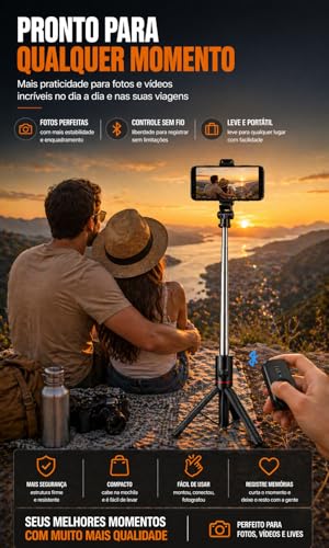 Tripé para Celular 1,70m com Altura Ajustável, Bastão de Selfie 3 em 1 com Controle Bluetooth, Rotação 360°, Portátil para Vídeos, Fotos e Lives, iPhone e Android