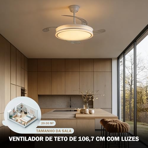 Ventilador de Teto Retrátil 42'' com Luz LED e Controle Remoto, Bivolt 110V/220V, Branco