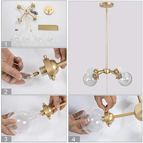 KSANA Gold Chandelier with Pull Chain On/Off Switch, 2 in 1 Sputnik