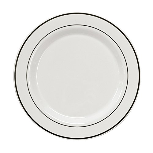Party Essentials 40-Count Hard Plastic 9" Divine Dinnerware Disposable Lunch/Dinner Plates, White with Silver Band