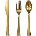 Fancy Disposable Gold & Ivory Dinnerware Set - 24 Guest - 2 Size Square Plates, Cups, Napkins, Spoons, Forks, Knives - Made of Heavyweight Paper - Posh Supplies, Elegant Design for Upscale Party