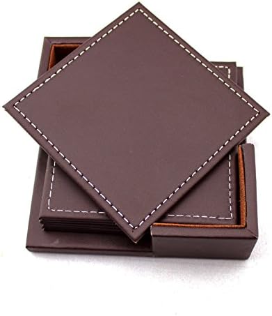 6 pcs Square Leather Coasters Set with Holder, Coffee, 3.94"